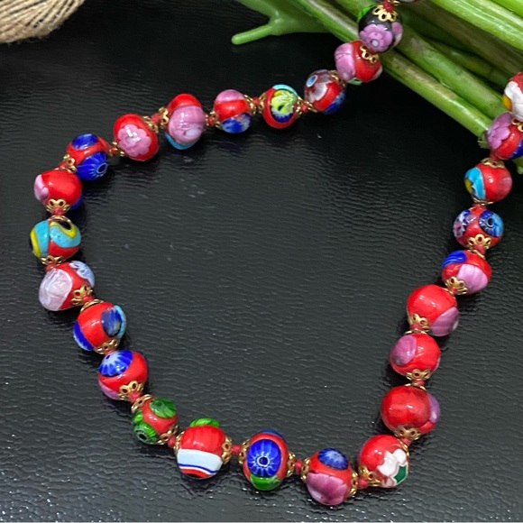 Vintage Red Multi Millefiori Venetian Murano Glass Beads Knotted 16” Necklace - Picture 3 of 16